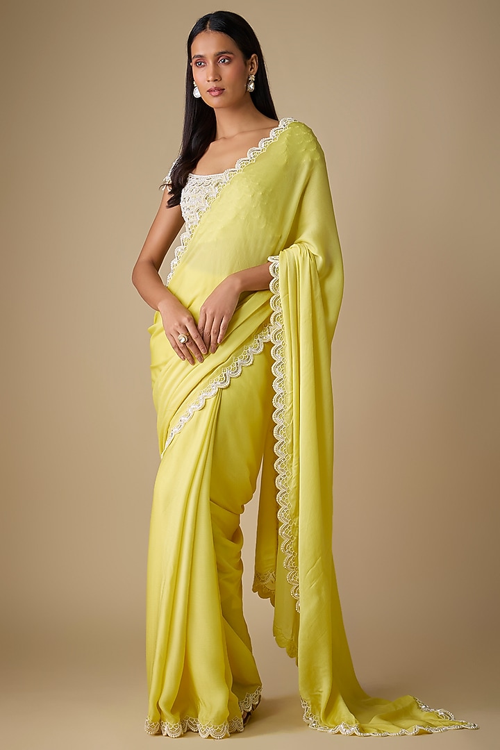 Yellow Chiffon Wedding Saree Set by COUTURE BY NIHARIKA at Pernia's Pop Up Shop