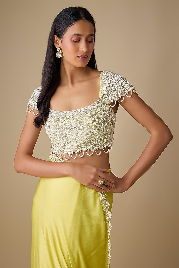 Yellow Chiffon Wedding Saree Set by COUTURE BY NIHARIKA at Pernia's Pop Up Shop