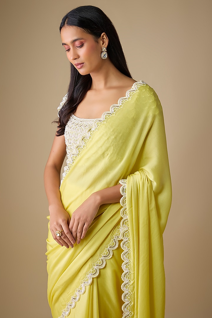 Yellow Chiffon Wedding Saree Set by COUTURE BY NIHARIKA at Pernia's Pop Up Shop