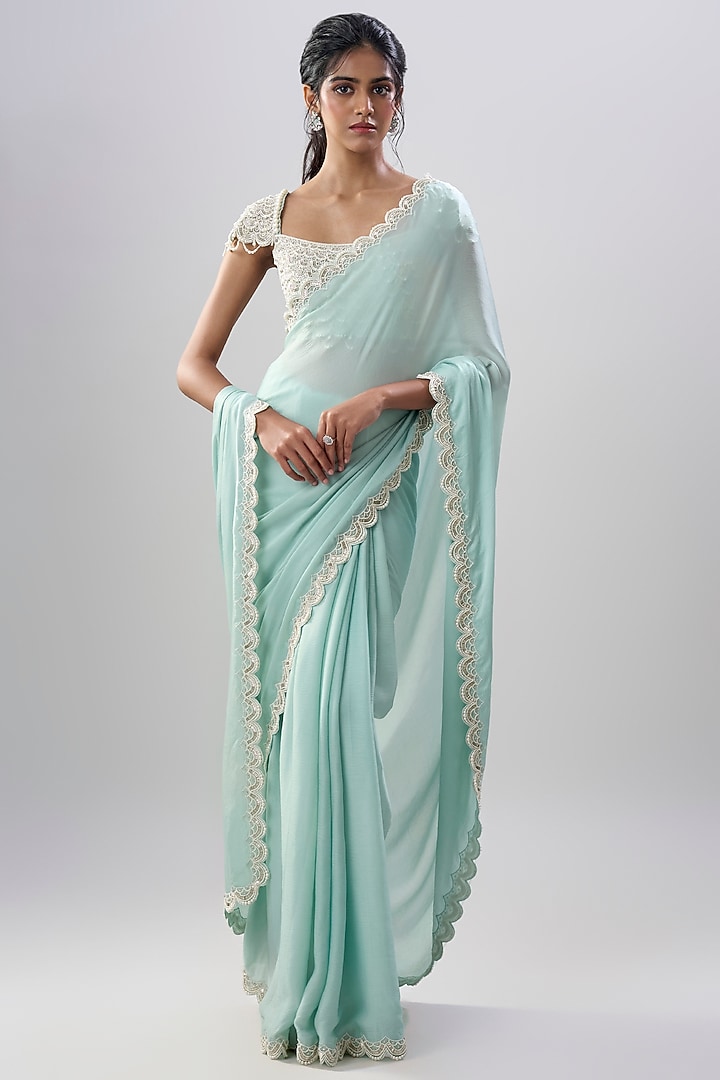 Powder Blue Organza & Chiffon Wedding Saree Set by COUTURE BY NIHARIKA at Pernia's Pop Up Shop