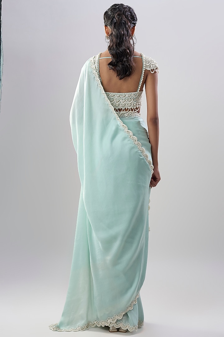Powder Blue Organza & Chiffon Wedding Saree Set by COUTURE BY NIHARIKA at Pernia's Pop Up Shop