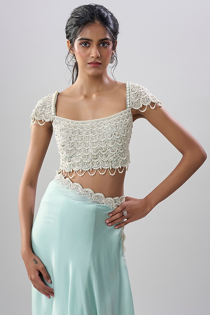 Powder Blue Organza & Chiffon Wedding Saree Set by COUTURE BY NIHARIKA at Pernia's Pop Up Shop