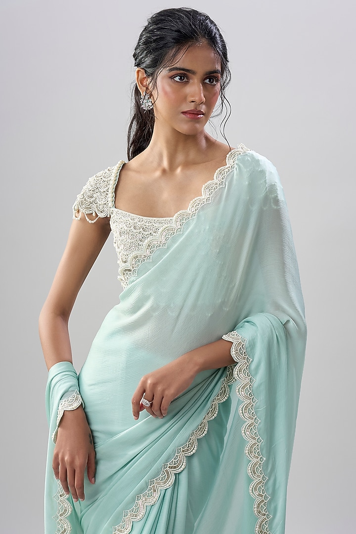 Powder Blue Organza & Chiffon Wedding Saree Set by COUTURE BY NIHARIKA at Pernia's Pop Up Shop