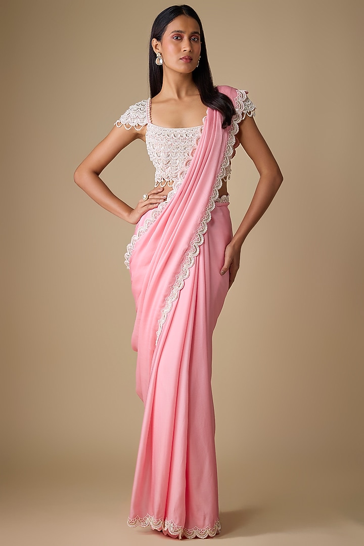 Powder Pink Chiffon Wedding Saree Set by COUTURE BY NIHARIKA at Pernia's Pop Up Shop