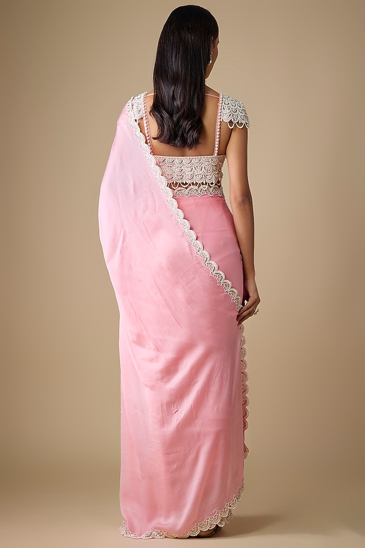 Powder Pink Chiffon Wedding Saree Set by COUTURE BY NIHARIKA at Pernia's Pop Up Shop