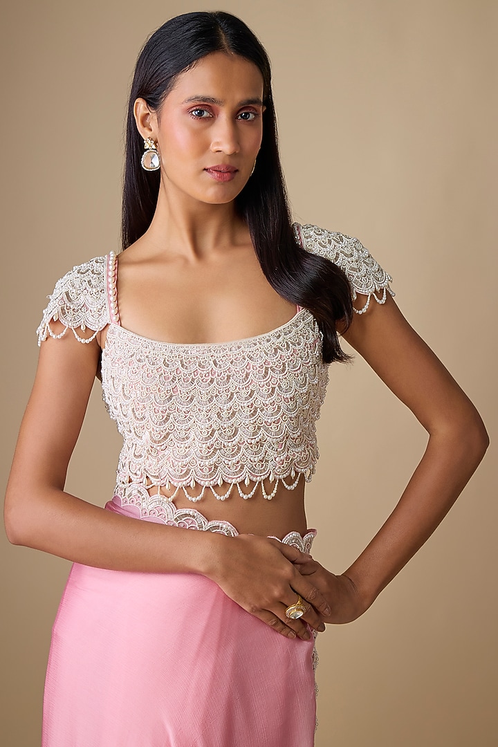 Powder Pink Chiffon Wedding Saree Set by COUTURE BY NIHARIKA at Pernia's Pop Up Shop