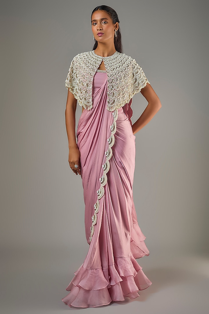 Lavender Organza & Satin Georgette Draped Reception Saree Set by COUTURE BY NIHARIKA at Pernia's Pop Up Shop