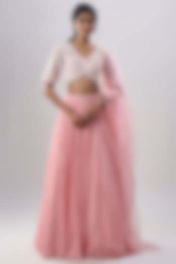 Powder Pink Organza Hand & Machine Embroidered Gathered Wedding Lehenga Set by COUTURE BY NIHARIKA at Pernia's Pop Up Shop