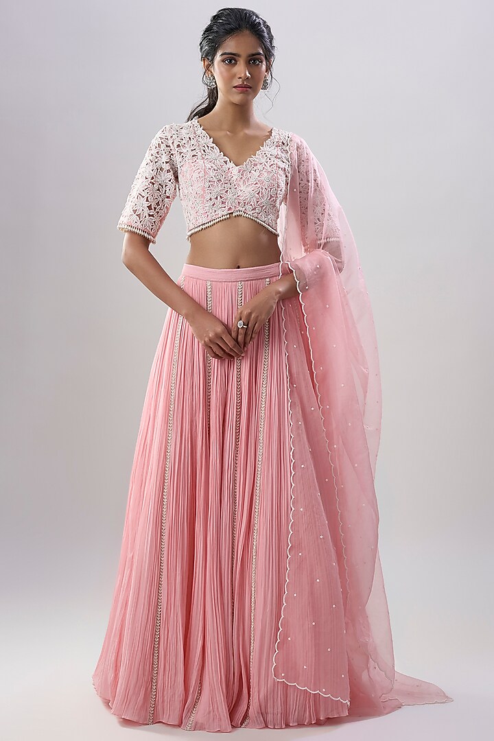 Powder Pink Organza Hand & Machine Embroidered Gathered Wedding Lehenga Set by COUTURE BY NIHARIKA at Pernia's Pop Up Shop