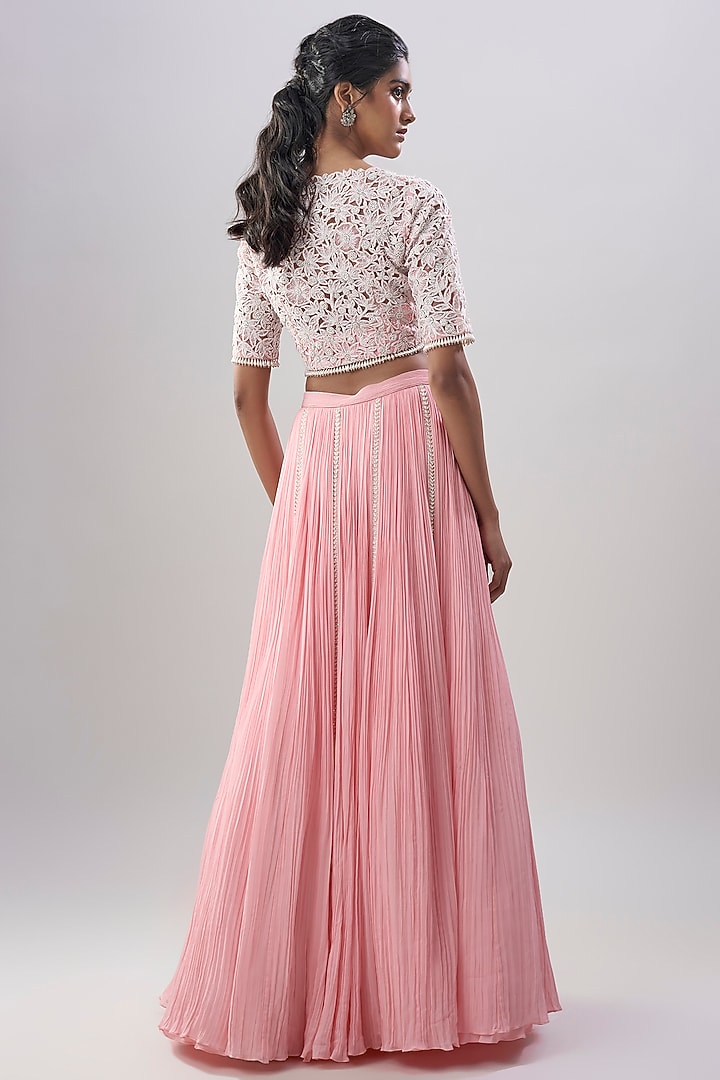 Powder Pink Organza Hand & Machine Embroidered Gathered Wedding Lehenga Set by COUTURE BY NIHARIKA at Pernia's Pop Up Shop