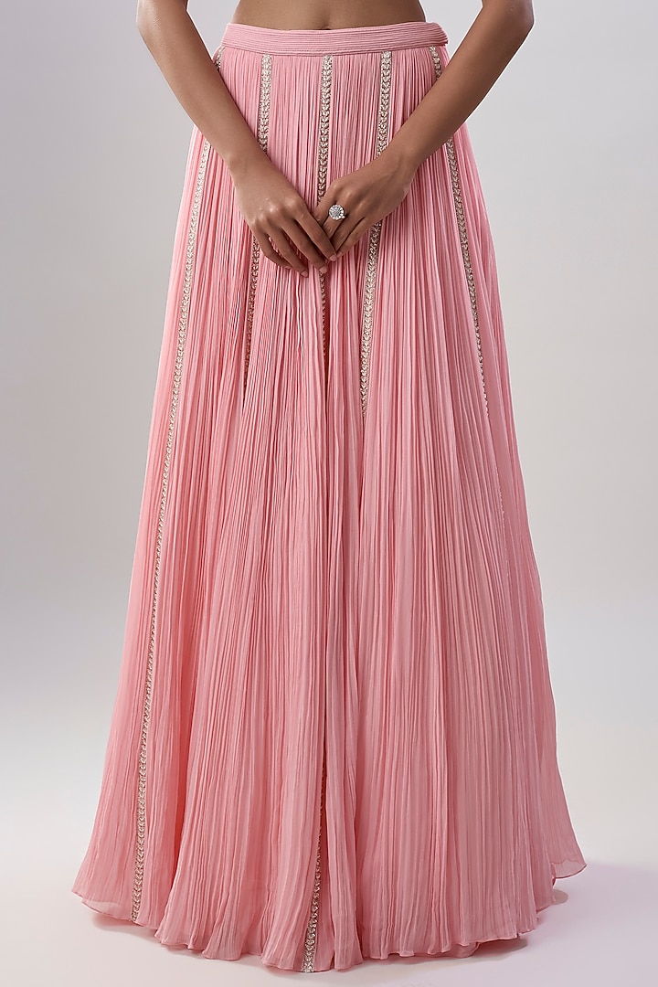 Powder Pink Organza Hand & Machine Embroidered Gathered Wedding Lehenga Set by COUTURE BY NIHARIKA at Pernia's Pop Up Shop