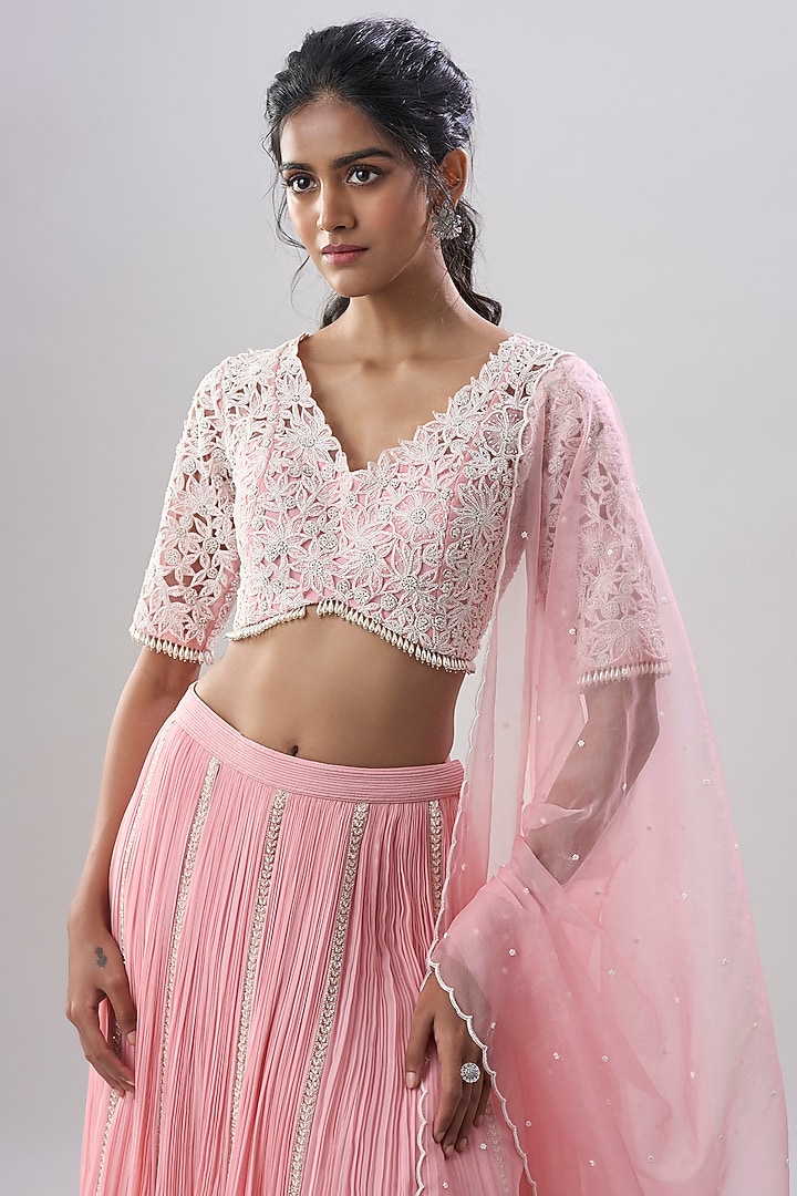 Powder Pink Organza Hand & Machine Embroidered Gathered Wedding Lehenga Set by COUTURE BY NIHARIKA at Pernia's Pop Up Shop