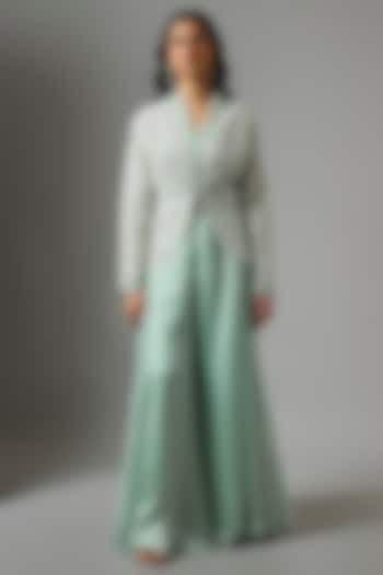 Powder Blue Organza Floral Cutwork Jacket Set by COUTURE BY NIHARIKA at Pernia's Pop Up Shop