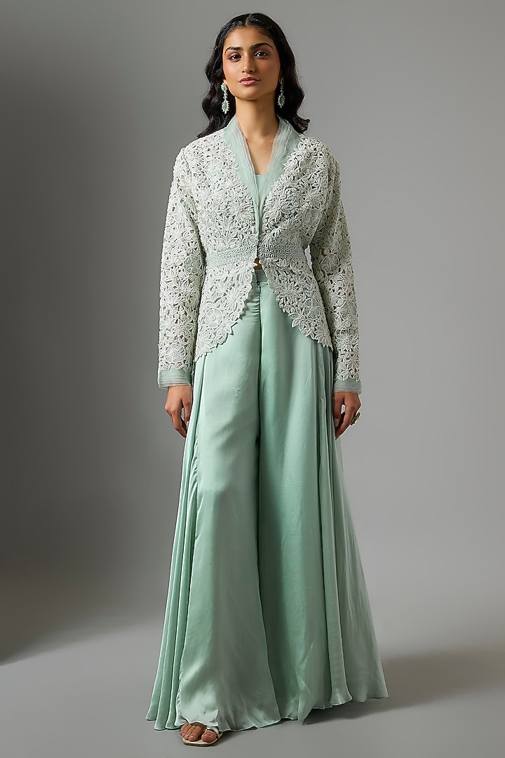 Powder Blue Organza Floral Cutwork Jacket Set by COUTURE BY NIHARIKA at Pernia's Pop Up Shop