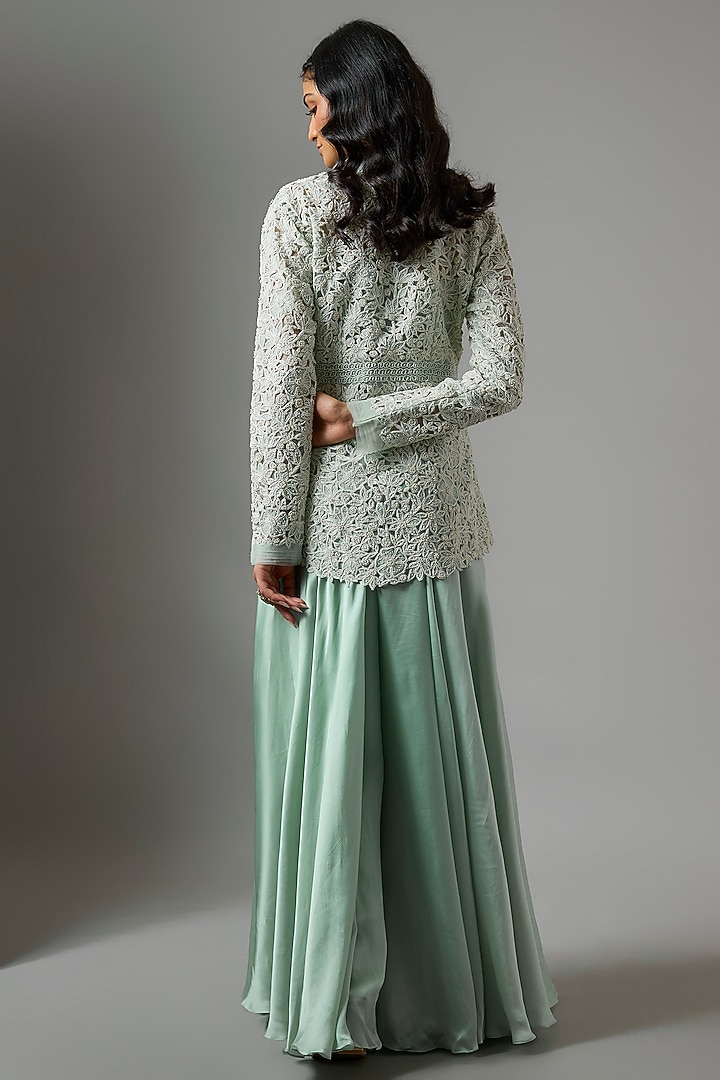 Powder Blue Organza Floral Cutwork Jacket Set by COUTURE BY NIHARIKA at Pernia's Pop Up Shop