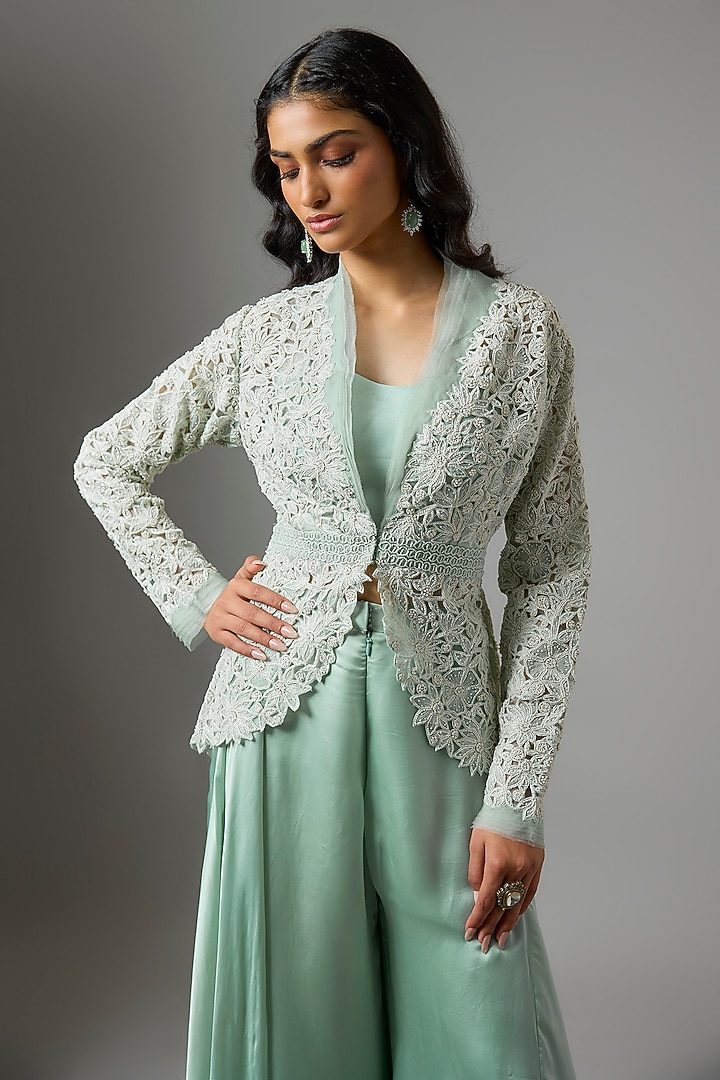 Powder Blue Organza Floral Cutwork Jacket Set by COUTURE BY NIHARIKA at Pernia's Pop Up Shop