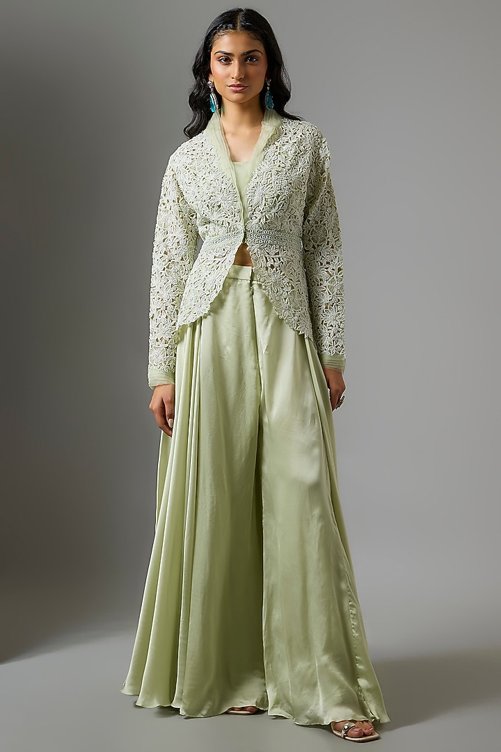 Mint Green Organza Floral Cutwork Jacket Set by COUTURE BY NIHARIKA at Pernia's Pop Up Shop