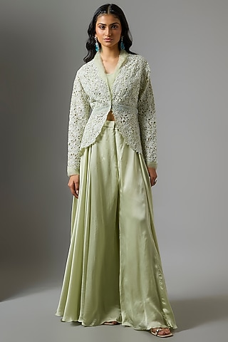 Mint Green Organza Floral Cutwork Jacket Set by COUTURE BY NIHARIKA