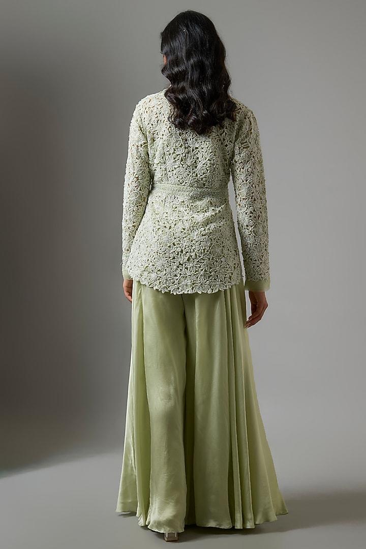 Mint Green Organza Floral Cutwork Jacket Set by COUTURE BY NIHARIKA at Pernia's Pop Up Shop