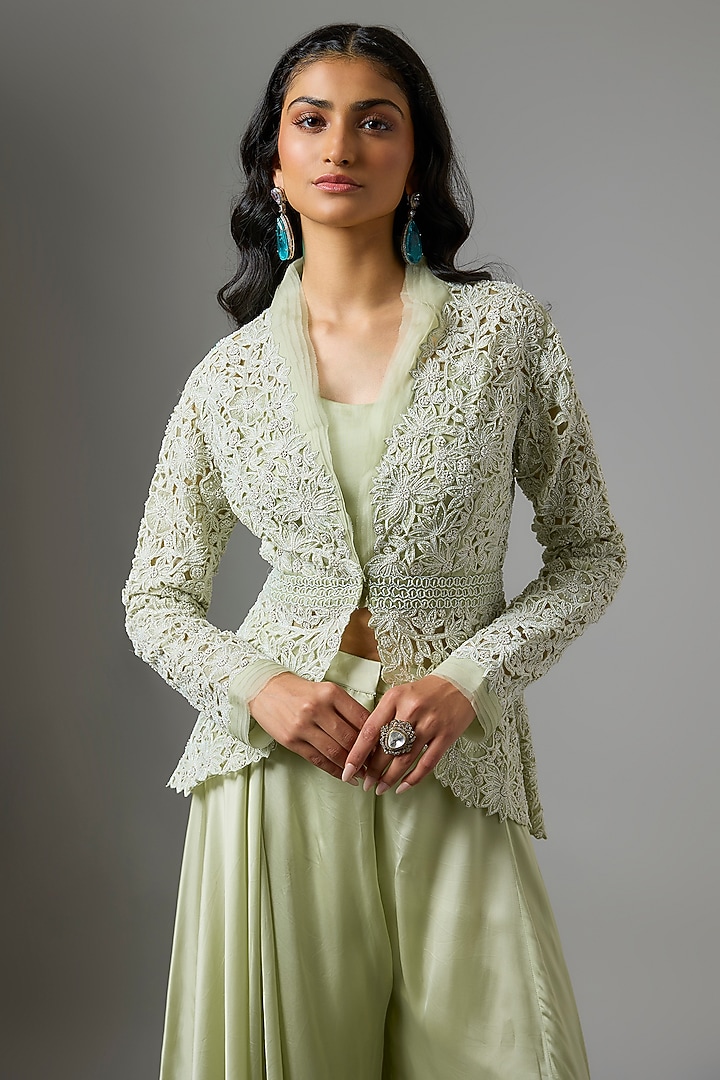Mint Green Organza Floral Cutwork Jacket Set by COUTURE BY NIHARIKA at Pernia's Pop Up Shop