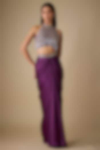 Wine Viscose & Satin Embellished Draped Skirt Set by COUTURE BY NIHARIKA at Pernia's Pop Up Shop