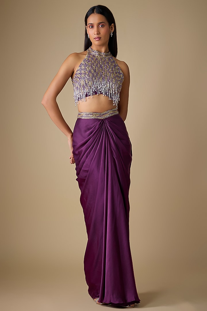 Wine Viscose & Satin Embellished Draped Skirt Set by COUTURE BY NIHARIKA at Pernia's Pop Up Shop