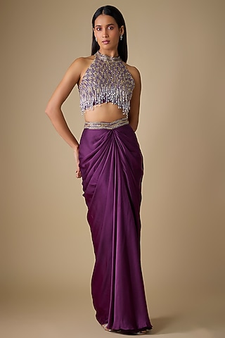 Wine Viscose & Satin Embellished Draped Skirt Set by COUTURE BY NIHARIKA