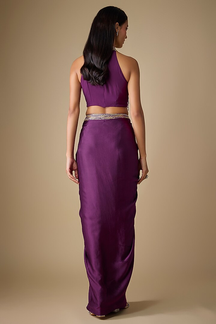 Wine Viscose & Satin Embellished Draped Skirt Set by COUTURE BY NIHARIKA at Pernia's Pop Up Shop