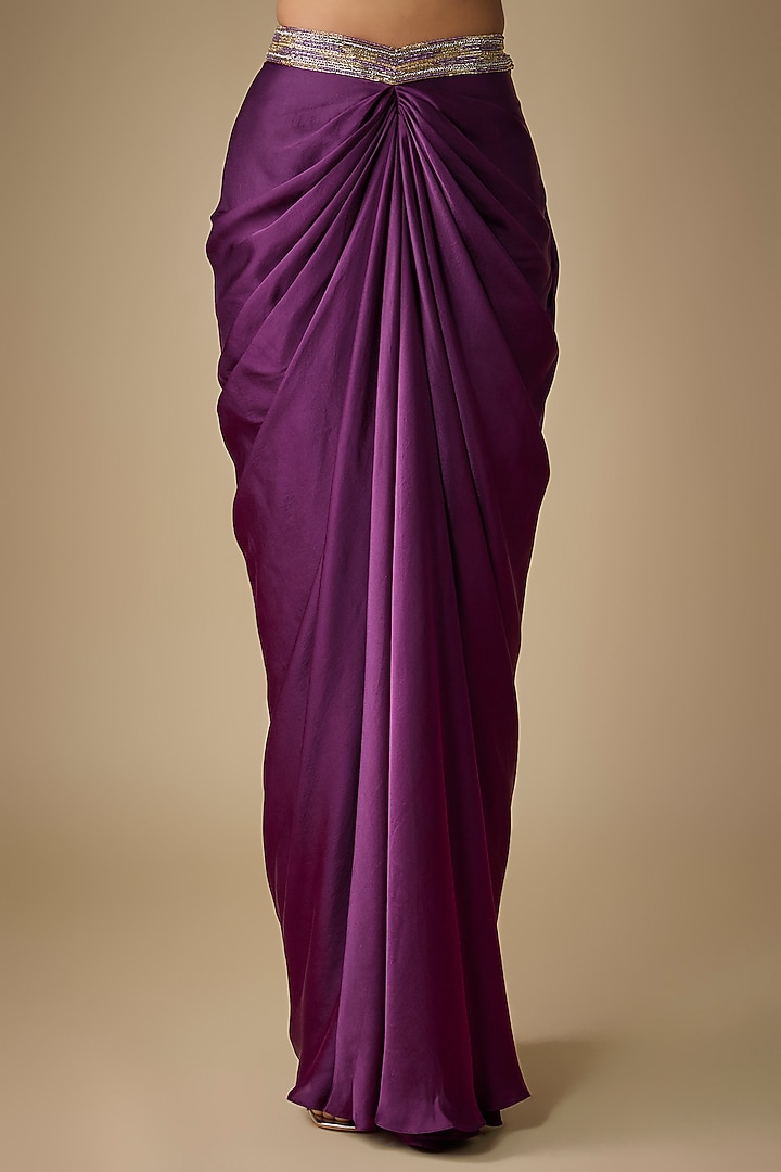 Wine Viscose & Satin Embellished Draped Skirt Set by COUTURE BY NIHARIKA at Pernia's Pop Up Shop