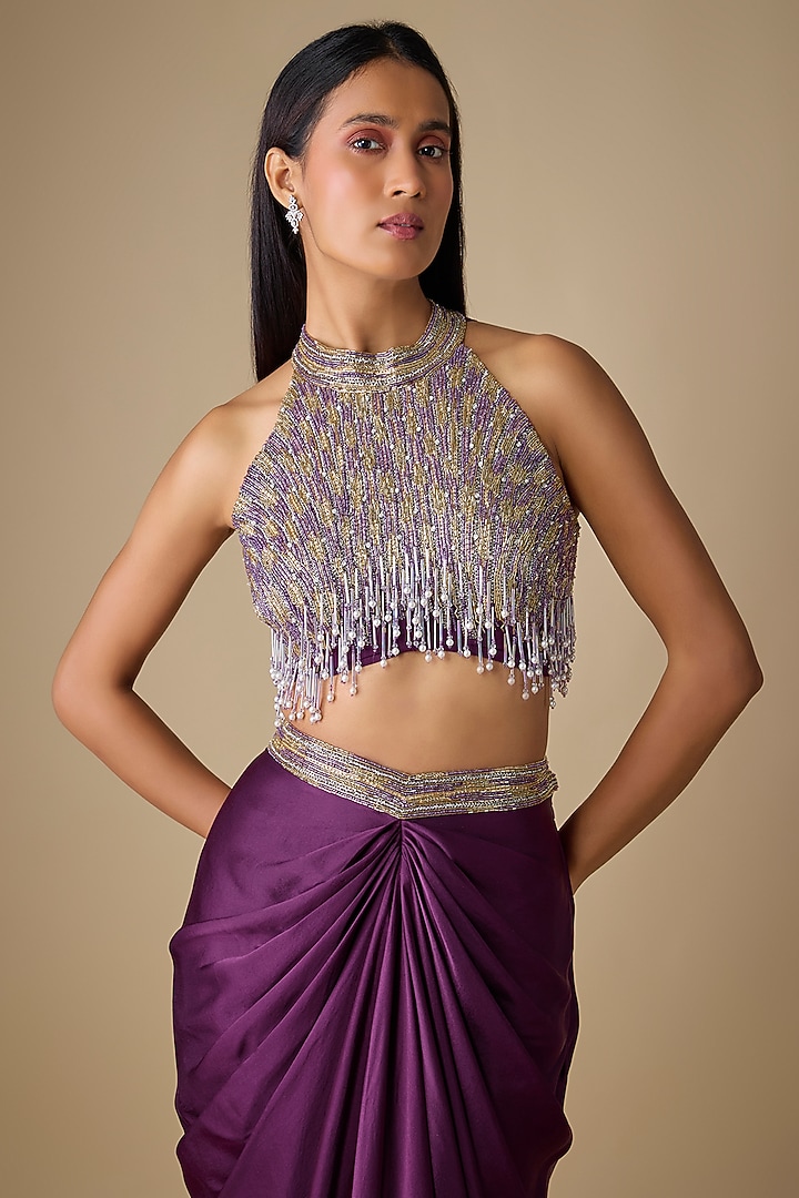 Wine Viscose & Satin Embellished Draped Skirt Set by COUTURE BY NIHARIKA at Pernia's Pop Up Shop