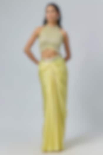 Yellow Viscose & Satin Embellished Draped Skirt Set by COUTURE BY NIHARIKA at Pernia's Pop Up Shop
