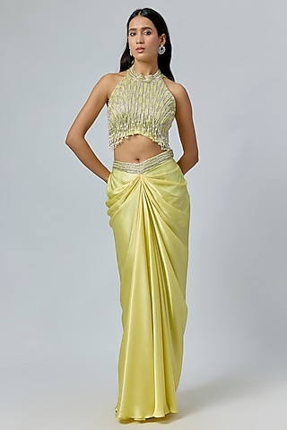 Yellow Viscose & Satin Embellished Draped Skirt Set by COUTURE BY NIHARIKA