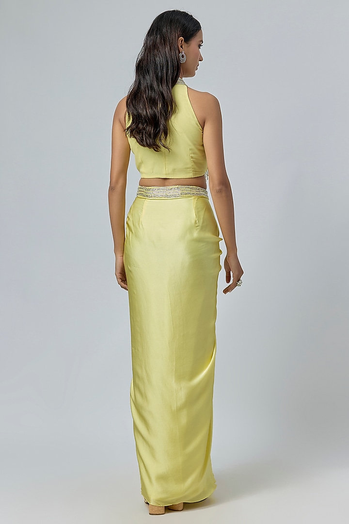 Yellow Viscose & Satin Embellished Draped Skirt Set by COUTURE BY NIHARIKA at Pernia's Pop Up Shop
