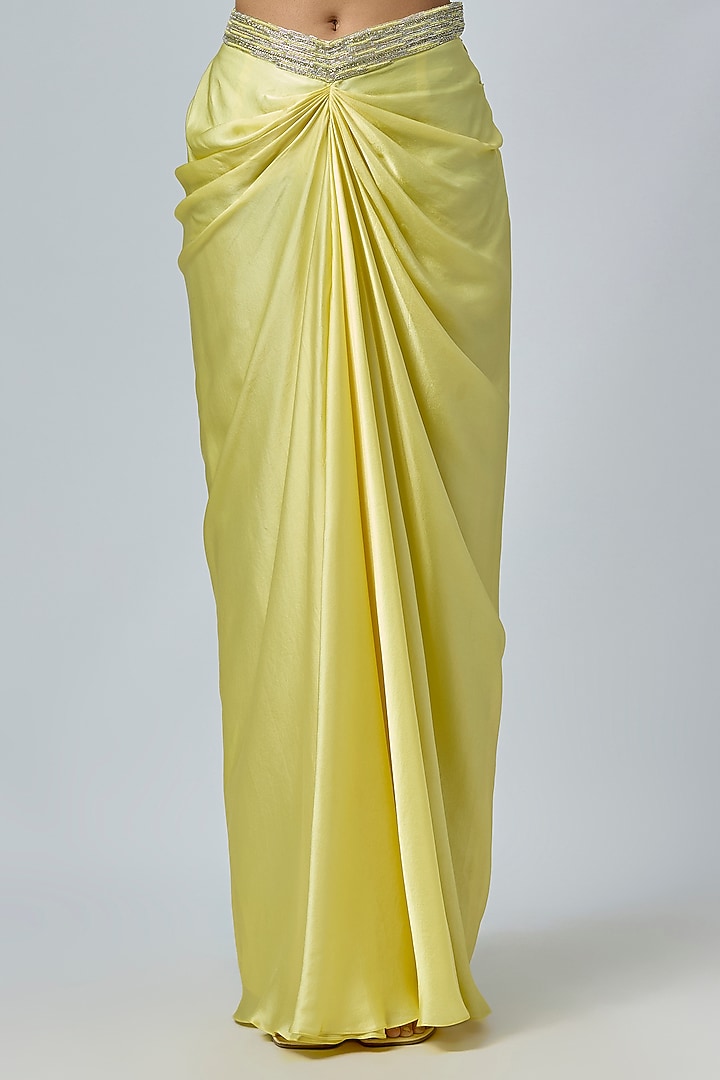 Yellow Viscose & Satin Embellished Draped Skirt Set by COUTURE BY NIHARIKA at Pernia's Pop Up Shop