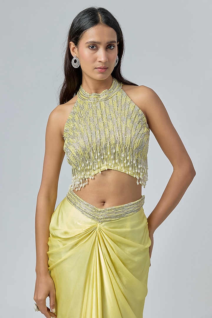 Yellow Viscose & Satin Embellished Draped Skirt Set by COUTURE BY NIHARIKA at Pernia's Pop Up Shop