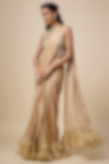 Beige Satin Georgette Layered Ruffled Wedding Saree Set by COUTURE BY NIHARIKA at Pernia's Pop Up Shop