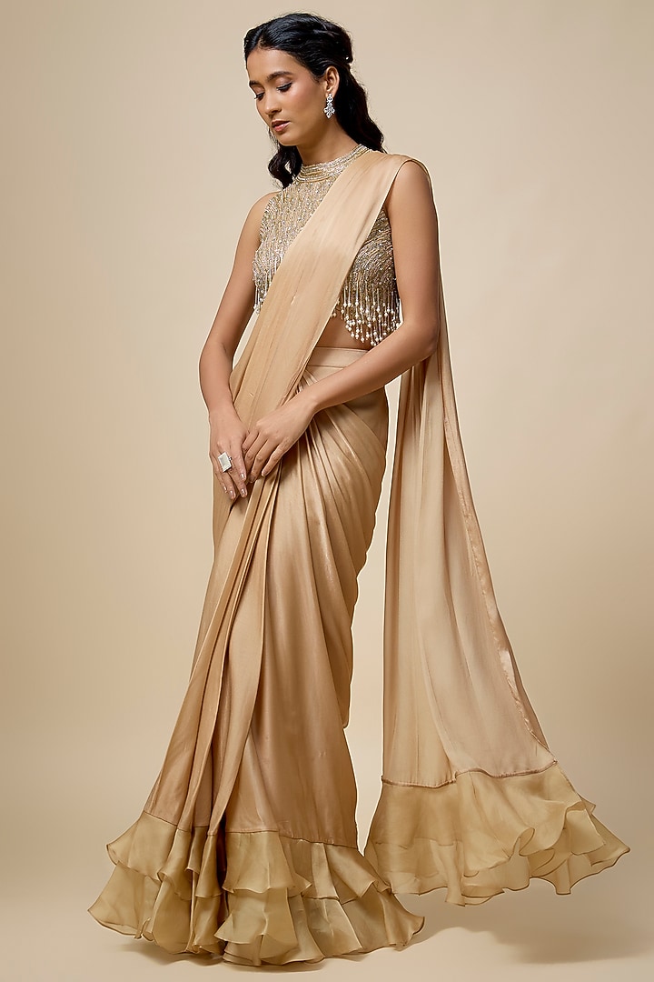 Beige Satin Georgette Layered Ruffled Wedding Saree Set by COUTURE BY NIHARIKA at Pernia's Pop Up Shop