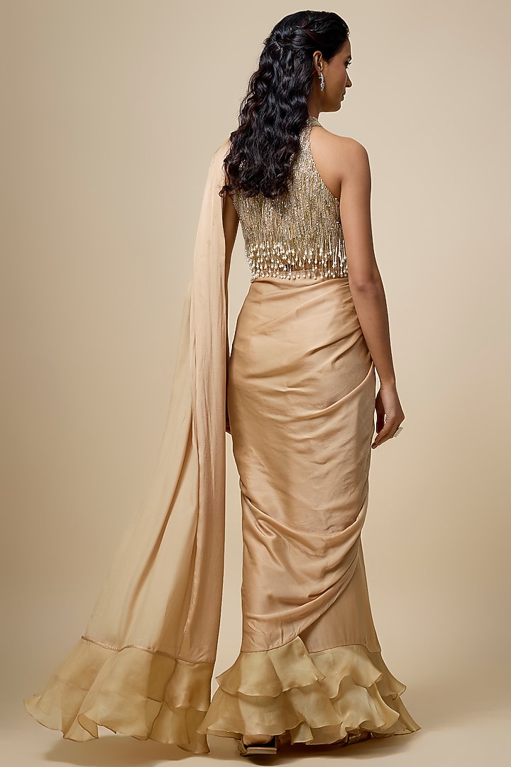 Beige Satin Georgette Layered Ruffled Wedding Saree Set by COUTURE BY NIHARIKA at Pernia's Pop Up Shop
