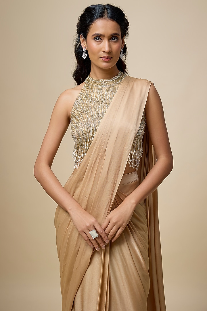 Beige Satin Georgette Layered Ruffled Wedding Saree Set by COUTURE BY NIHARIKA at Pernia's Pop Up Shop