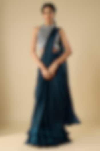 Navy Blue Satin Georgette Layered Ruffled Wedding Saree Set by COUTURE BY NIHARIKA at Pernia's Pop Up Shop