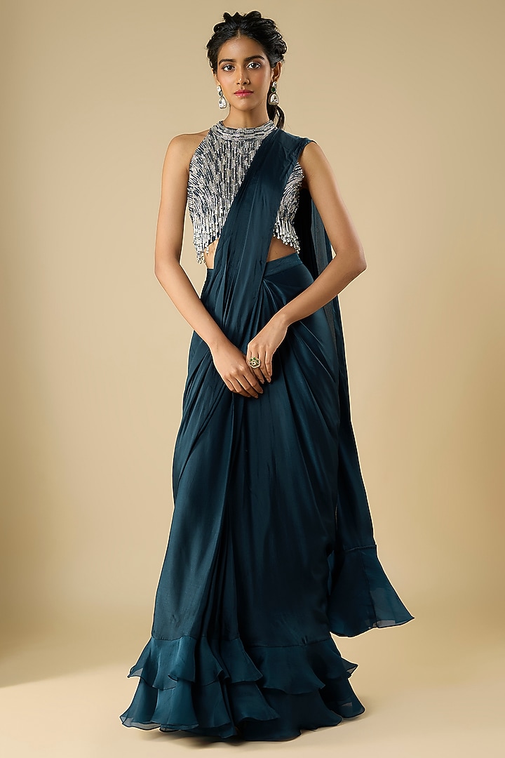 Navy Blue Satin Georgette Layered Ruffled Wedding Saree Set by COUTURE BY NIHARIKA at Pernia's Pop Up Shop