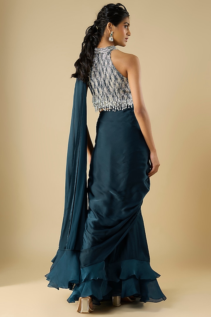 Navy Blue Satin Georgette Layered Ruffled Wedding Saree Set by COUTURE BY NIHARIKA at Pernia's Pop Up Shop