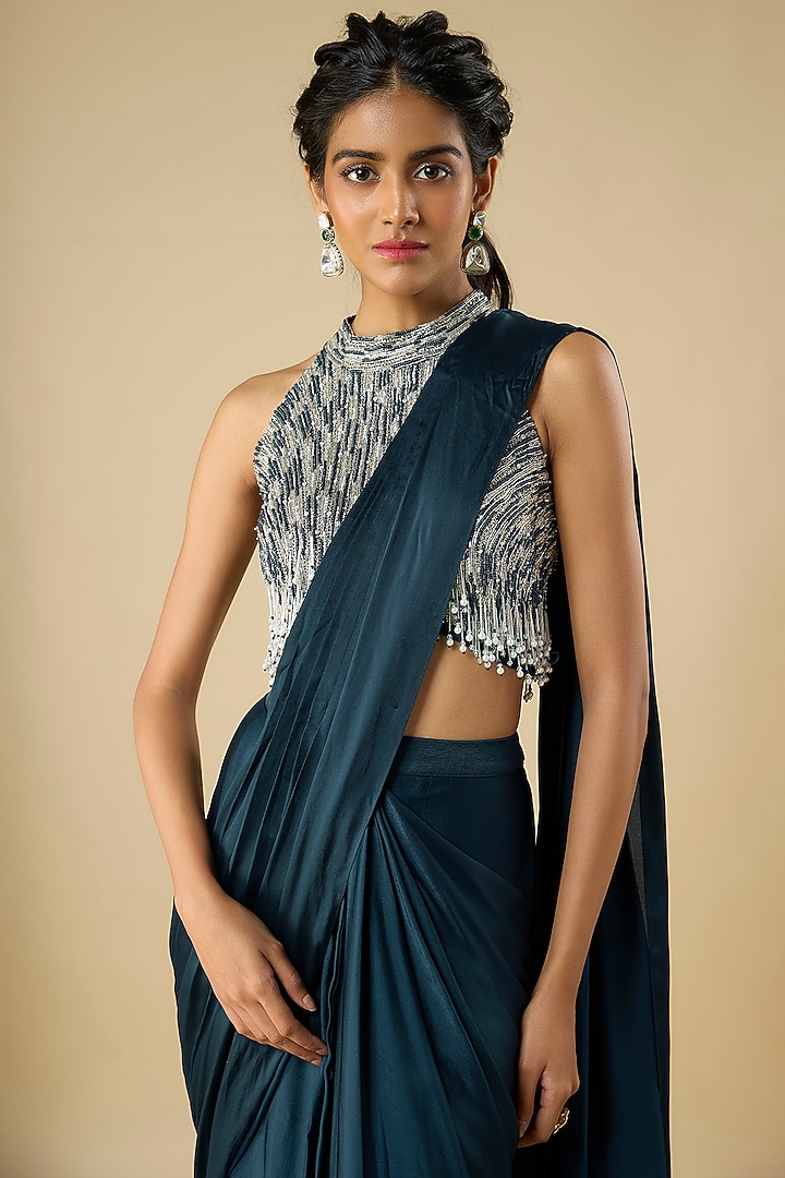 Navy Blue Satin Georgette Layered Ruffled Wedding Saree Set by COUTURE BY NIHARIKA at Pernia's Pop Up Shop