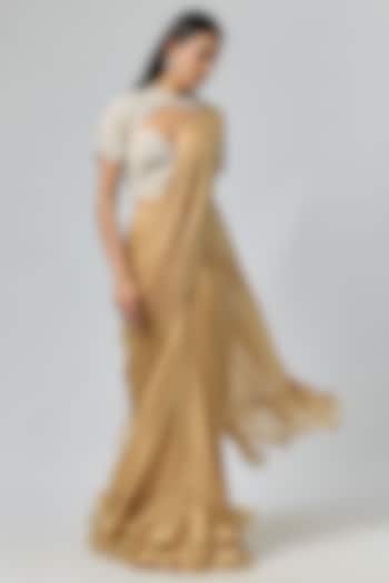 Beige Satin Organza & Satin Georgette Ruffled Wedding Saree Set by COUTURE BY NIHARIKA at Pernia's Pop Up Shop