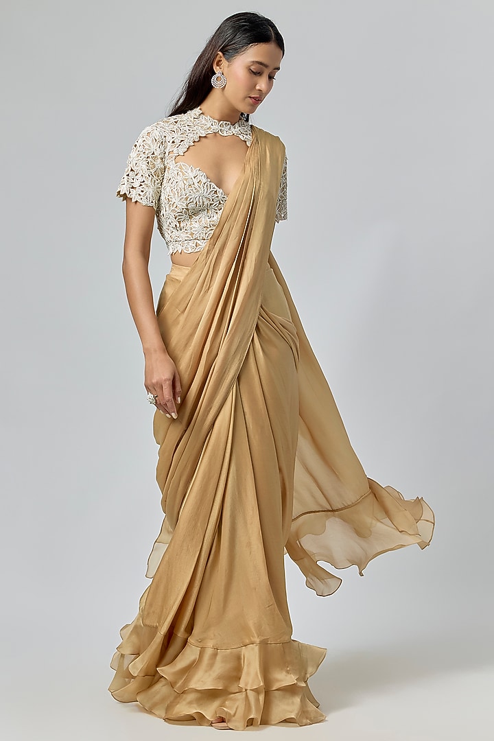 Beige Satin Organza & Satin Georgette Ruffled Wedding Saree Set by COUTURE BY NIHARIKA at Pernia's Pop Up Shop
