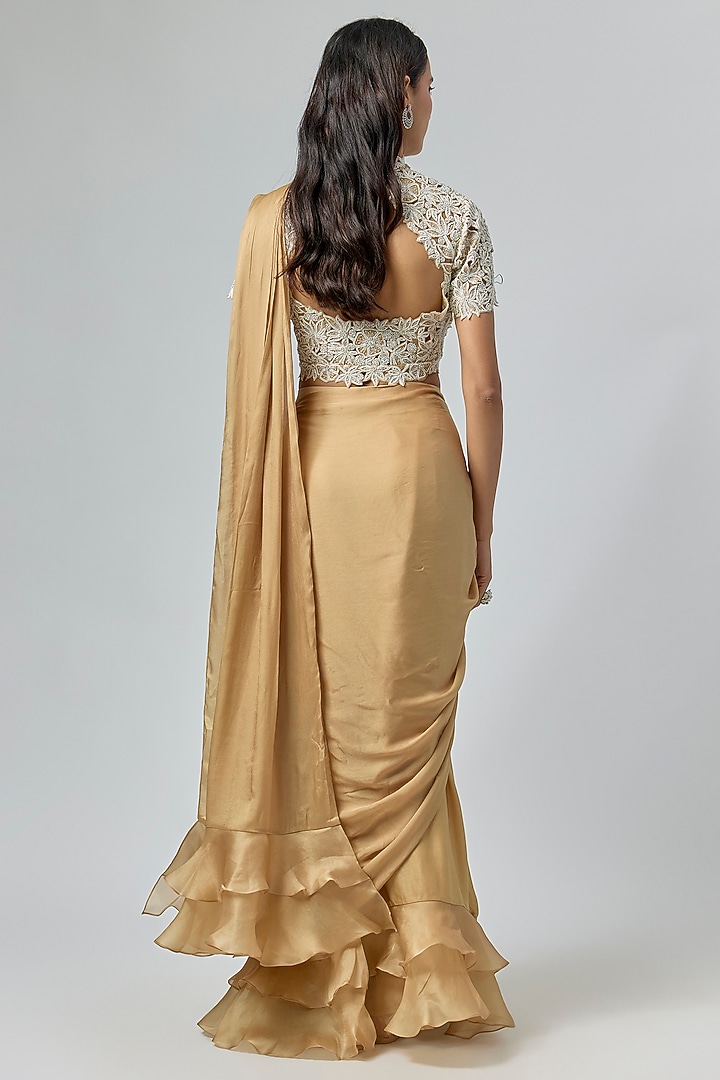 Beige Satin Organza & Satin Georgette Ruffled Wedding Saree Set by COUTURE BY NIHARIKA at Pernia's Pop Up Shop