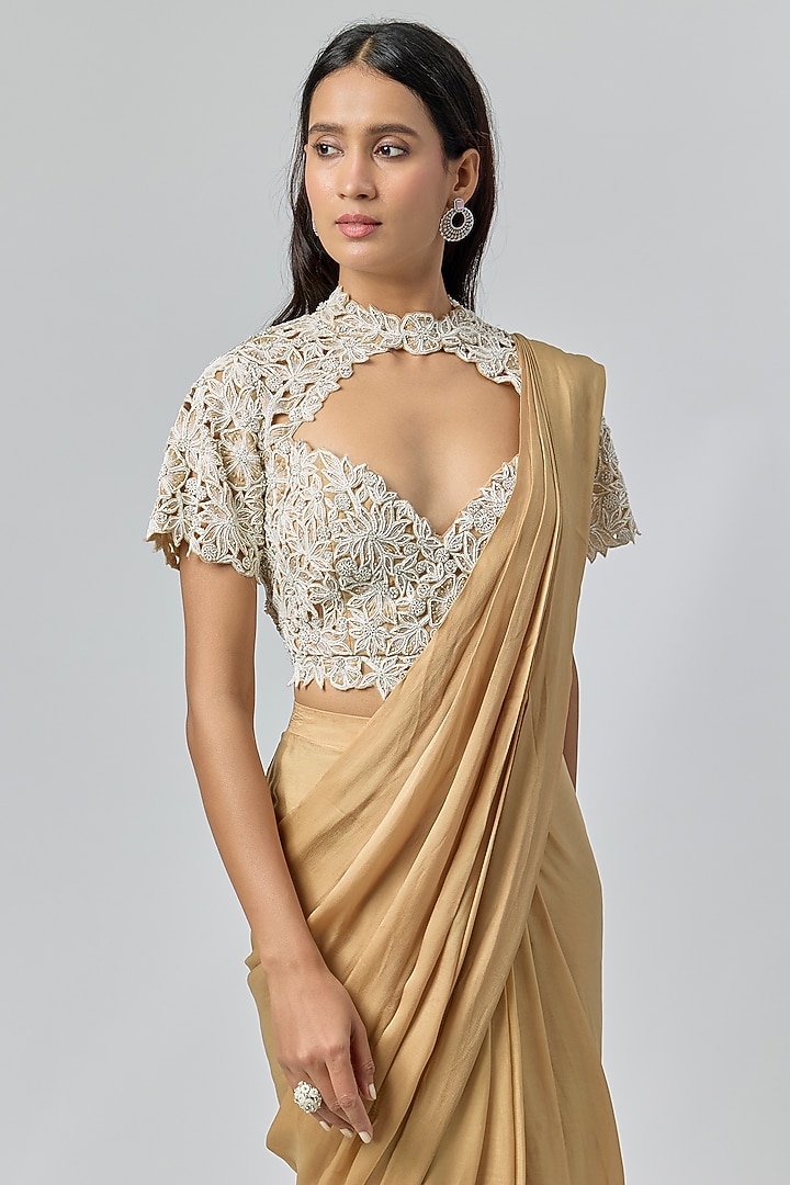 Beige Satin Organza & Satin Georgette Ruffled Wedding Saree Set by COUTURE BY NIHARIKA at Pernia's Pop Up Shop
