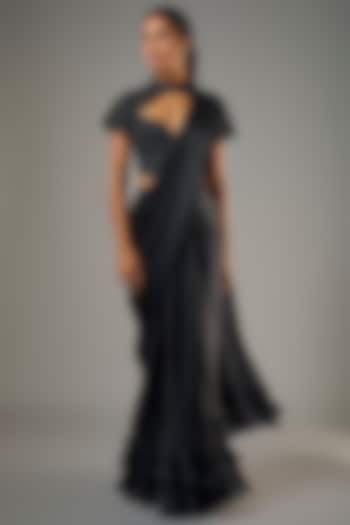 Black Organza & Satin Georgette Ruffled Wedding Saree Set by COUTURE BY NIHARIKA at Pernia's Pop Up Shop