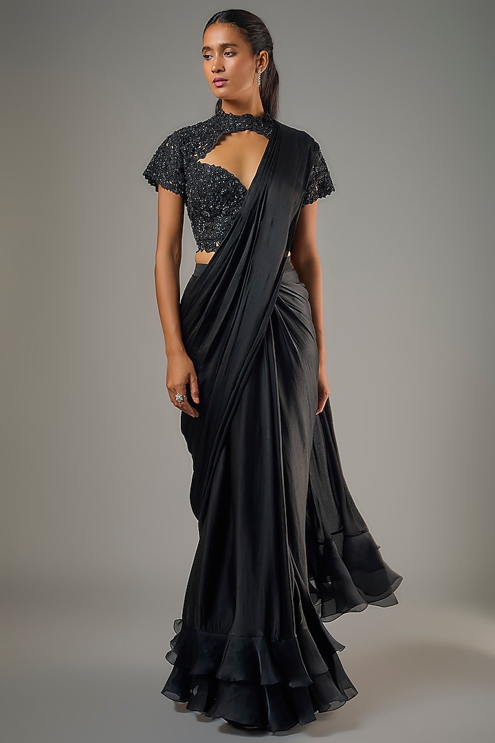 Black Organza & Satin Georgette Ruffled Wedding Saree Set by COUTURE BY NIHARIKA at Pernia's Pop Up Shop