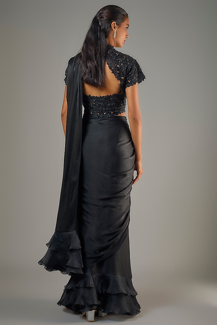 Black Organza & Satin Georgette Ruffled Wedding Saree Set by COUTURE BY NIHARIKA at Pernia's Pop Up Shop